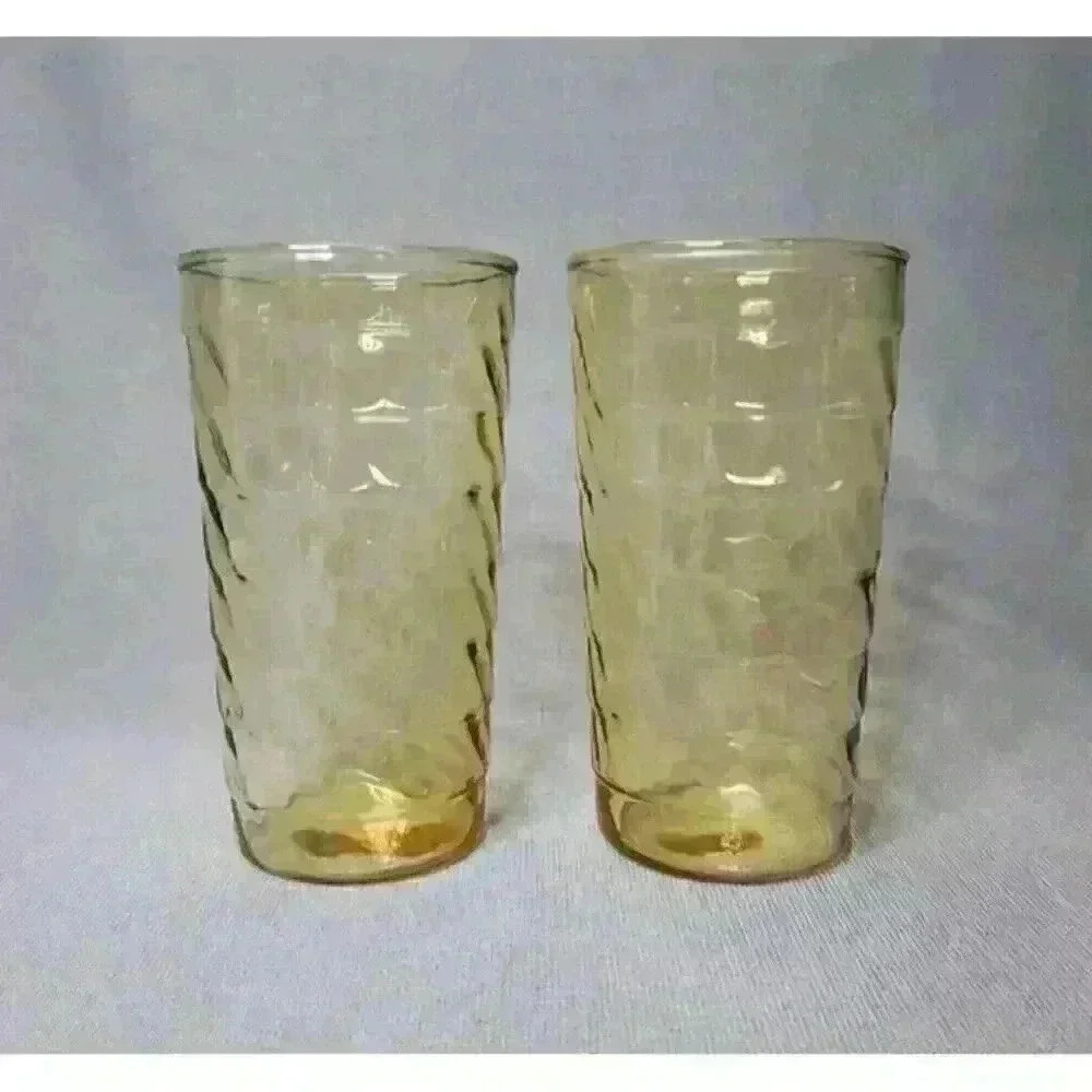 Amber Glass Tumblers Vintage Highball Juice Glasses 12oz MCM Optic Glass (Pair)